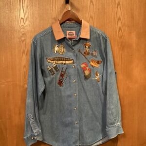 Denim‎ Shirt Embroidered Camping Leather Collar Cambridge Country Store Womans L